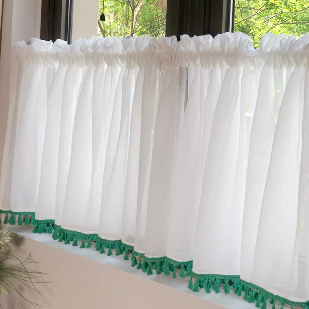 CRYSEU Short Curtains, Kitchen Short Curtain Rod Pocket Window Curtain Valance, Semi Sheer White Half-Curtain Drapery with Tassel(White,W150xH90cm/W59xH35in)