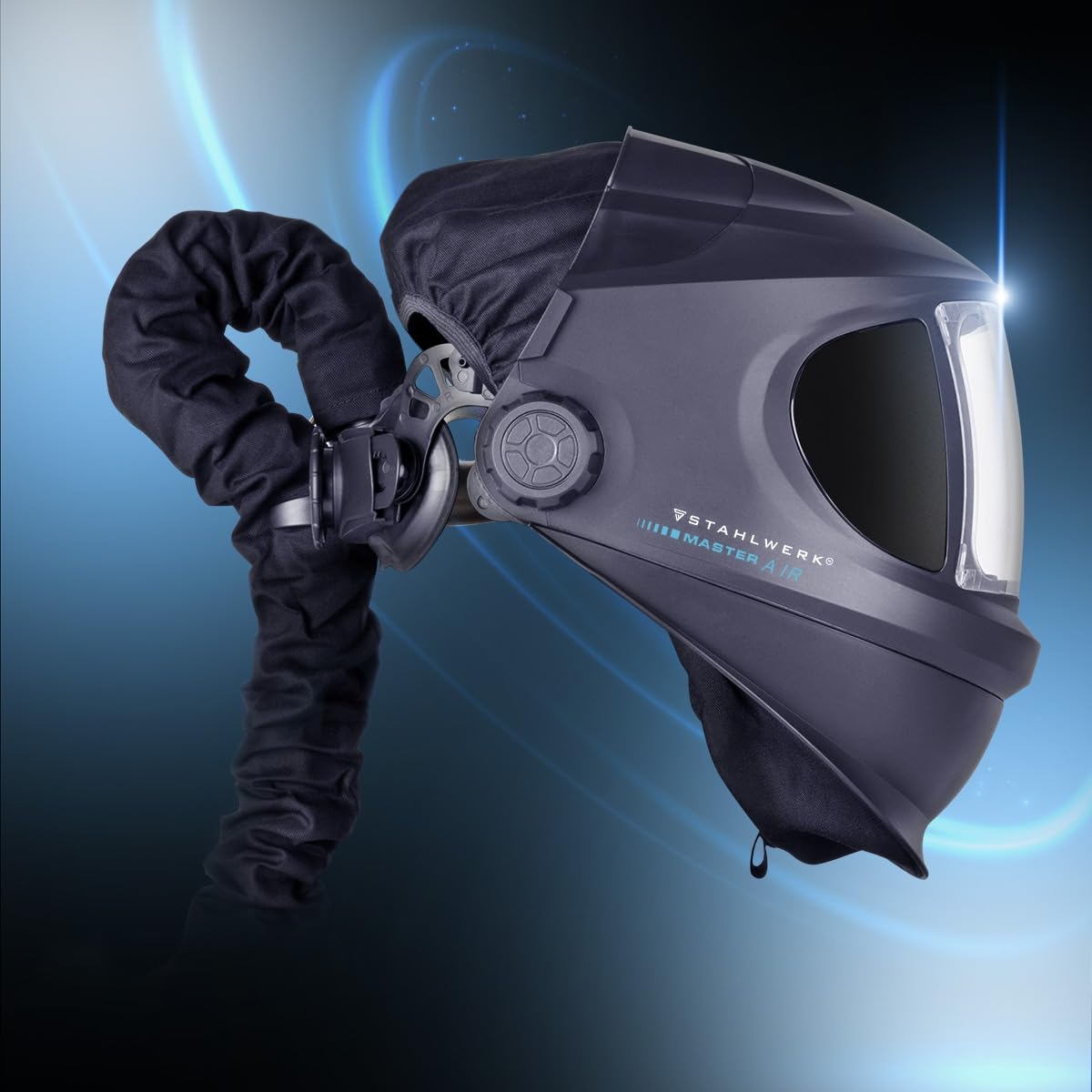 STAHLWERK Automatik-Schweißhelm 3-in-1 Master AIR – Schweißhelm mit Frischluftzufuhr, Funktionssteuerung per Bluetooth, True-Colour-Farbwiedergabe, Abdunkelung DIN 4 bis DIN 14, Optik-Klasse 1/1/1/1
