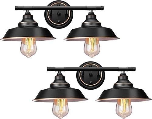 Elibbren Lámpara de pared de tocador de estilo rústico vintage con 2 luces, base E26 de metal negro mate, lámpara de pared industrial para baño,