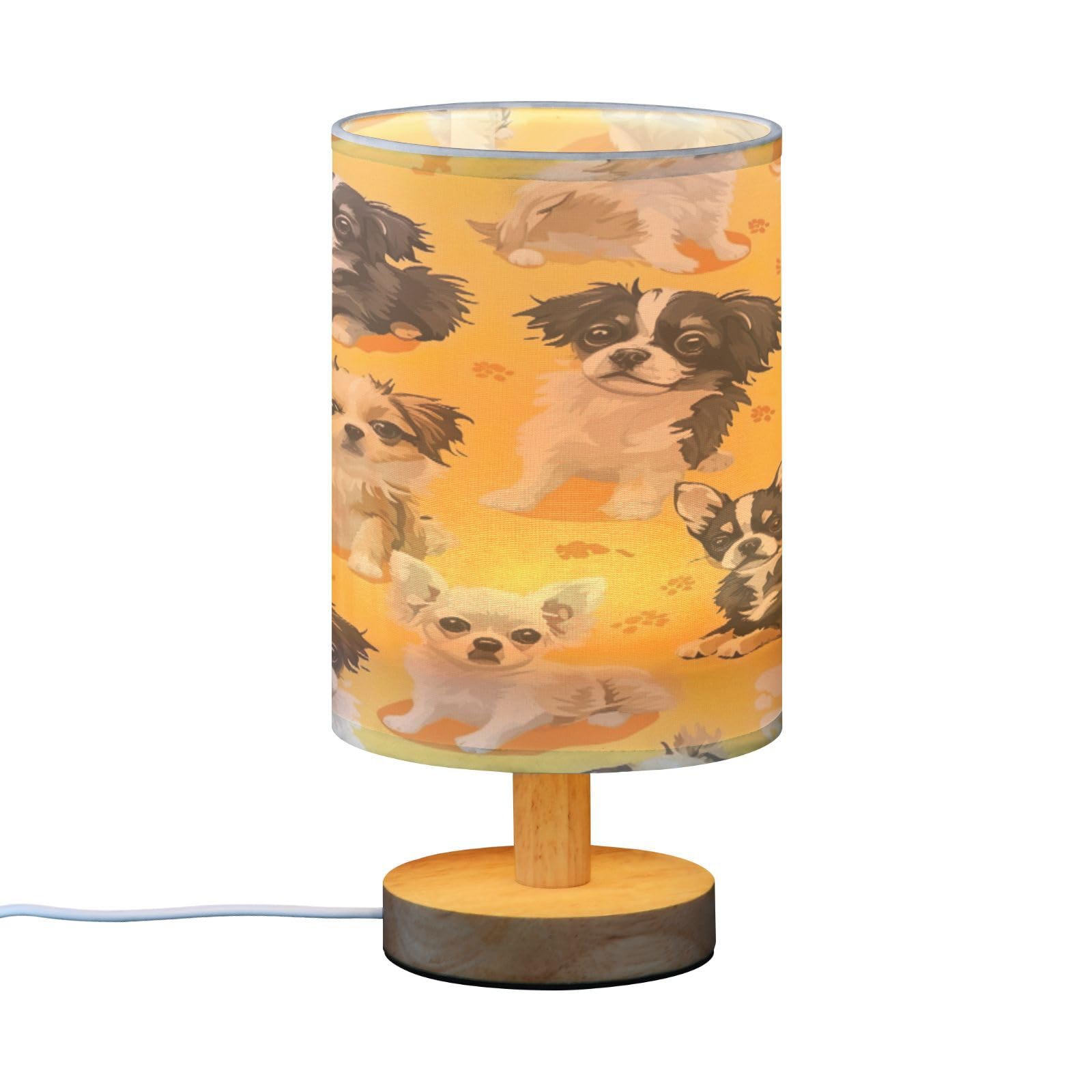 SDMKA Little Dogs on Yellow Bedside Table Lamp for Bedroom, Minimalist Nightstand Lamp with Round Fabric Shade for Living Room, Office, No Bulb Required