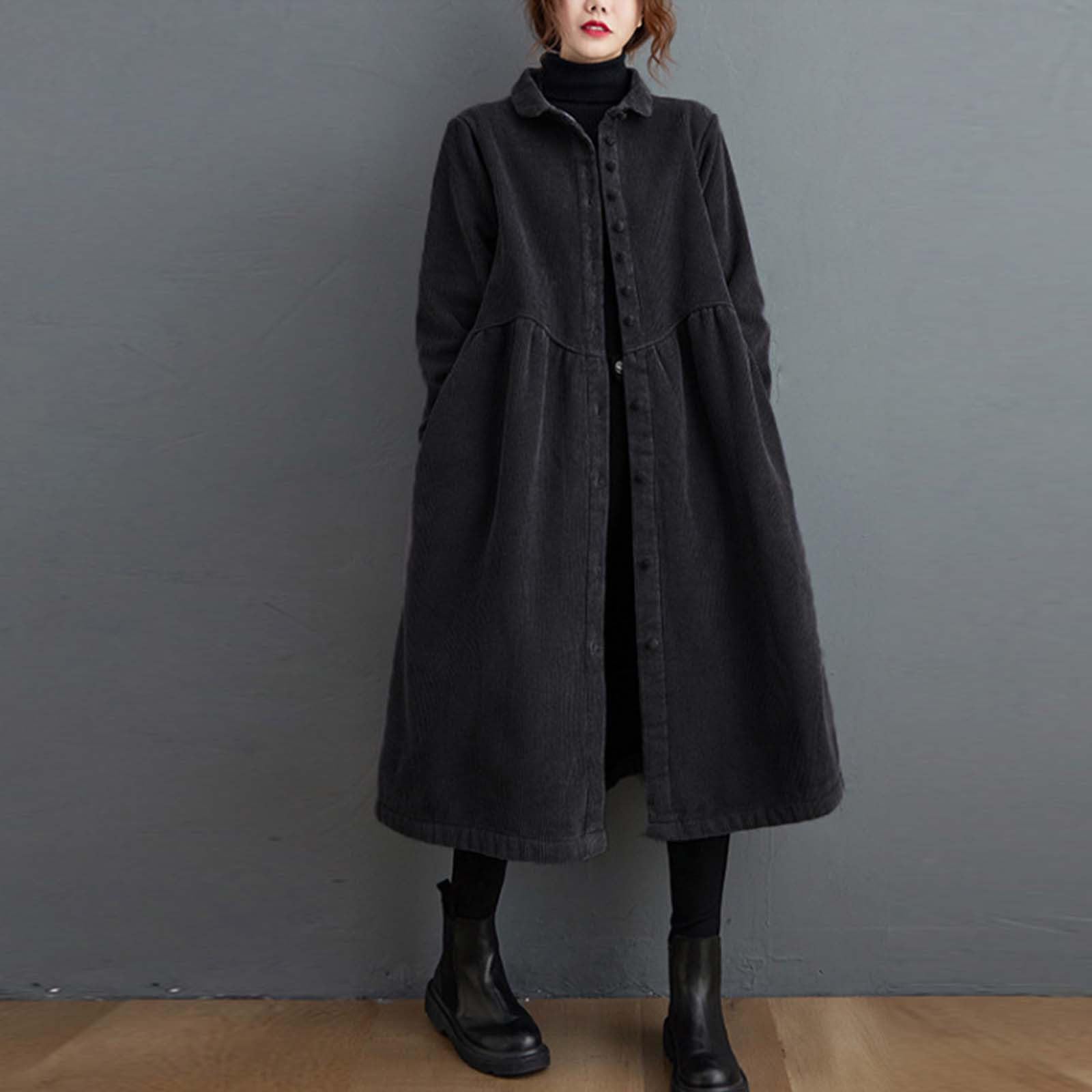 Chaqueta larga de pana para mujer, gabardina de forro polar, cálida y resistente al viento, camisa de vestir con vuelo, ropa de abrigo vintage, elegante abrigo casual suelto con bolsillos, abrigo de