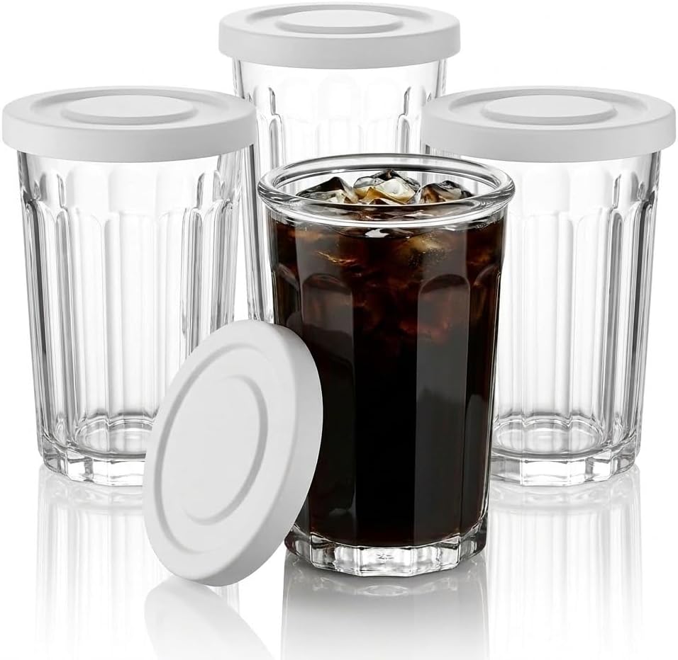 Tall Glass Cups with Lids Set of 4, 18oz Heavy Duty Glass Tumblers