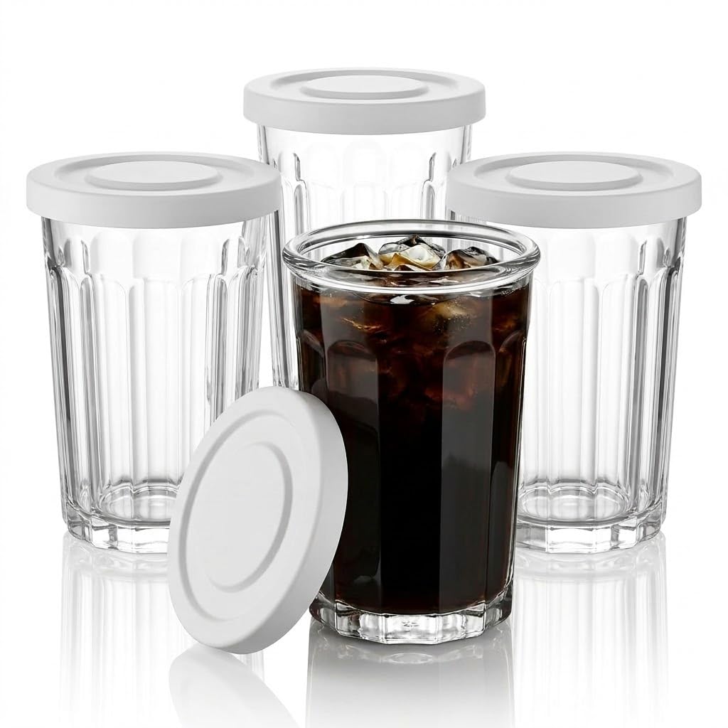 Tall Glass Cups with Lids Set of 4, 18oz Heavy Duty Glass Tumblers, Thick Drinking Glasses for Iced Coffee with Soft Airtight Lids, Stackable Picardie Style Food Storage Jars for Kitchen