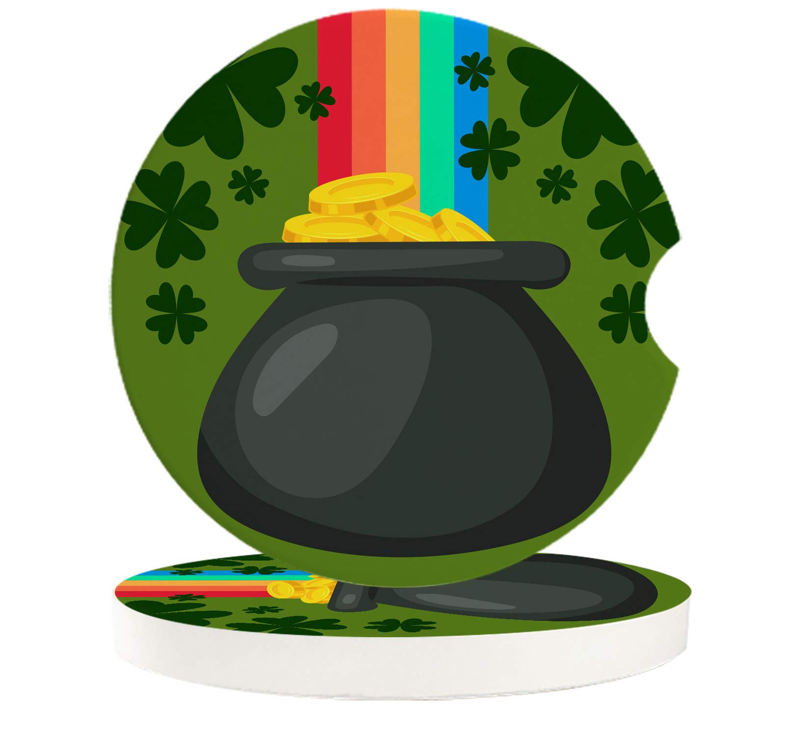 Car Coasters Set for Drinks Absorbent St. Patrick'S Day Coin With Rainbow Clover Ceramic Car Cup Holders Coaster with Finger Notch for Car Drink Cupholder Set of 2