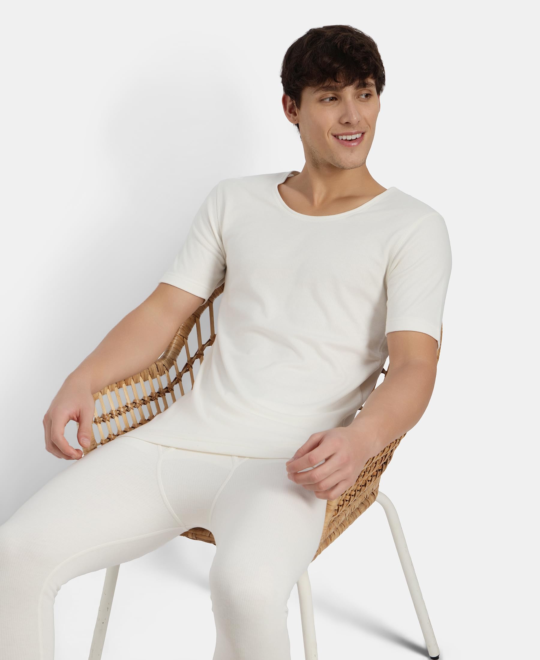 Jockey 2402 Men's Super Combed Cotton Rich Brushed Fabric Half Sleeved Thermal Undershirt with StayWarm Technology_Off White_L 1