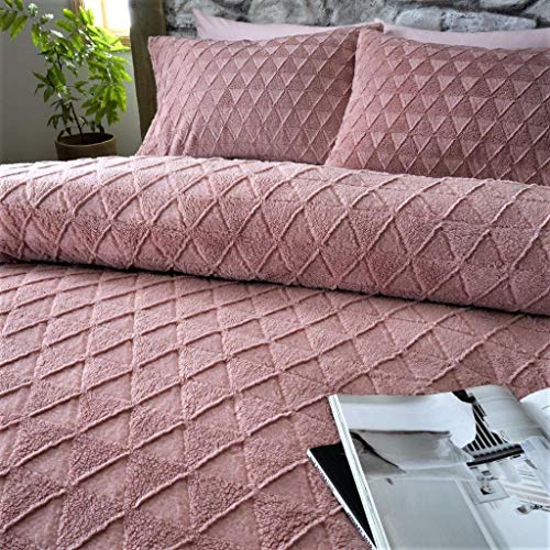 Super Soft Luxury Geo Triangle Embossed Teddy Bear Sherpa Wool Feel Anti-Allergy Quilt Duvet Cover Set (Pink, Double)