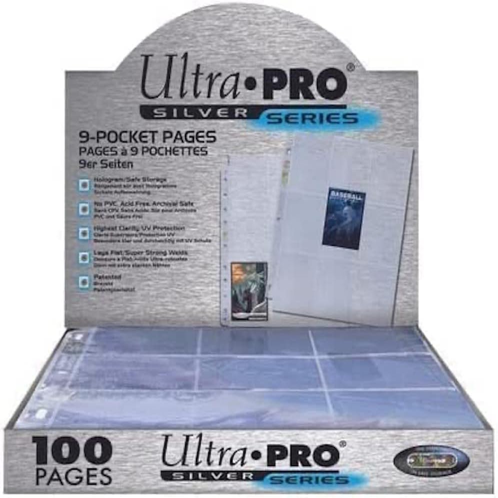 11-Hole Punch 9-Pocket Pages Silver Series, 100 Pages to Store Trading Cards, Baseball cards, Pokemon and Baseball Card Sleeves, Card Protector Sheets for Binders