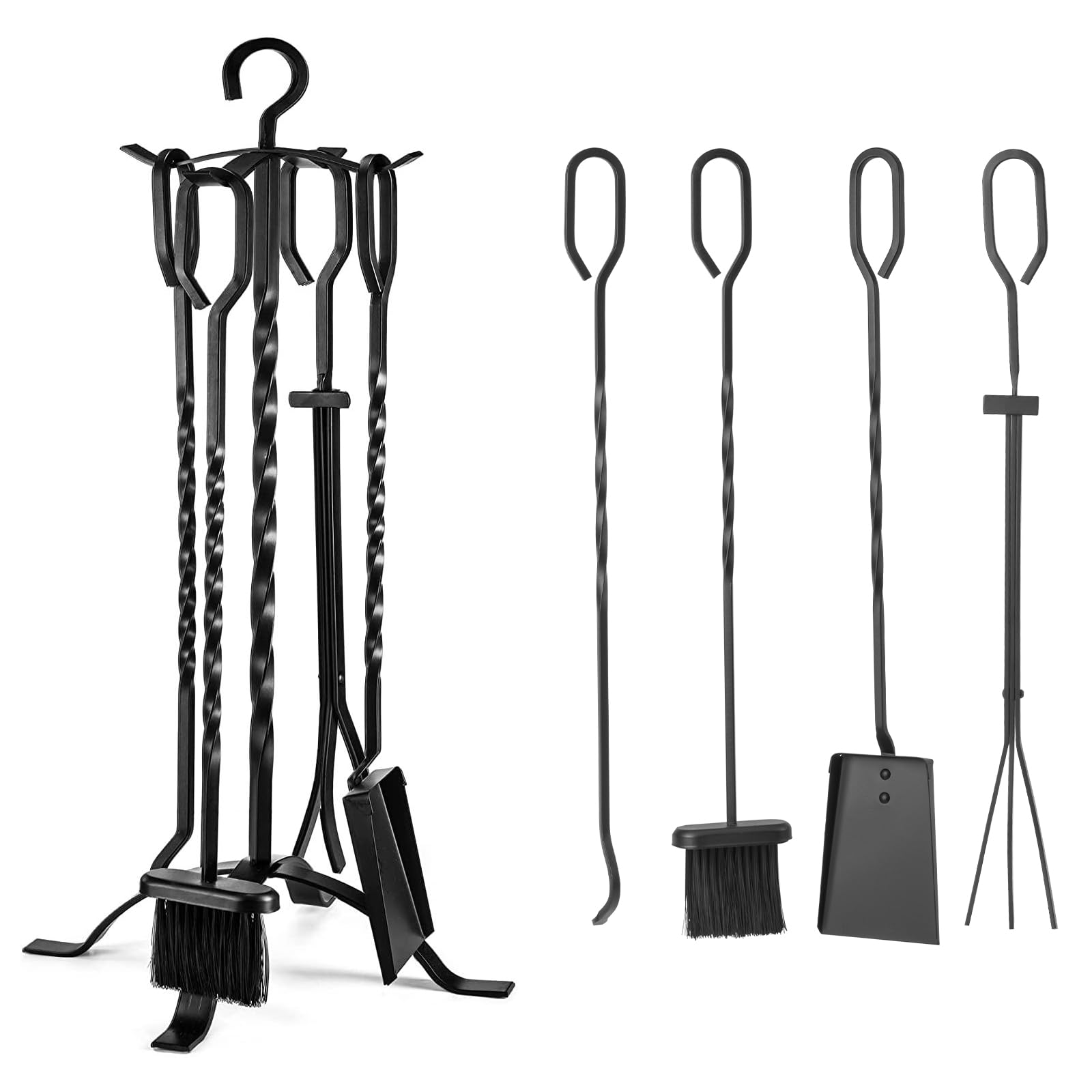 Kaminzubehör Set 5-teilig Edelstahl - Schürhaken, Zange, Besen, Schaufel & Ständer