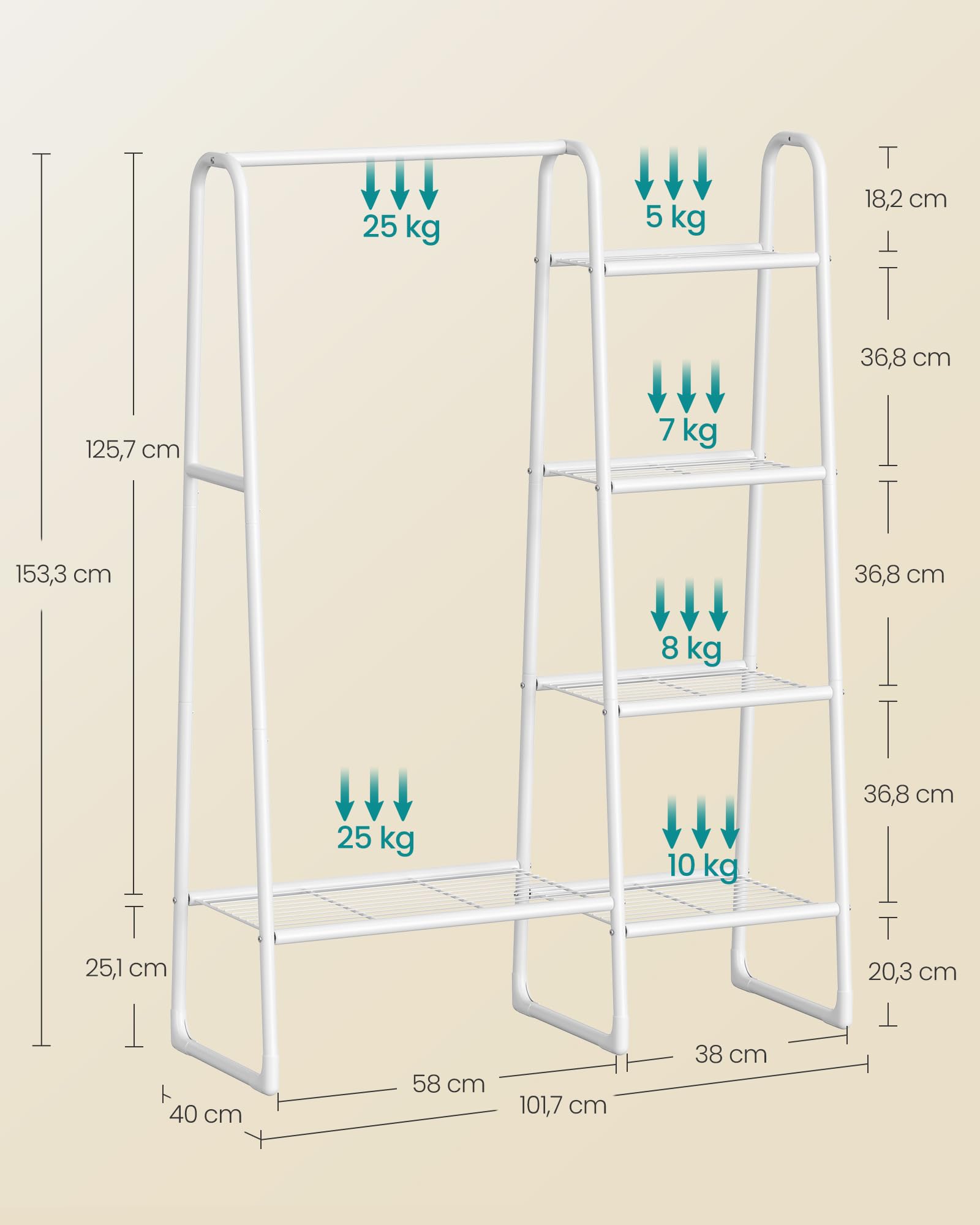 SONGMICS wieszak na ubrania, 5 półek, metalowa rama, 40 x 101,7 x 153,3 cm