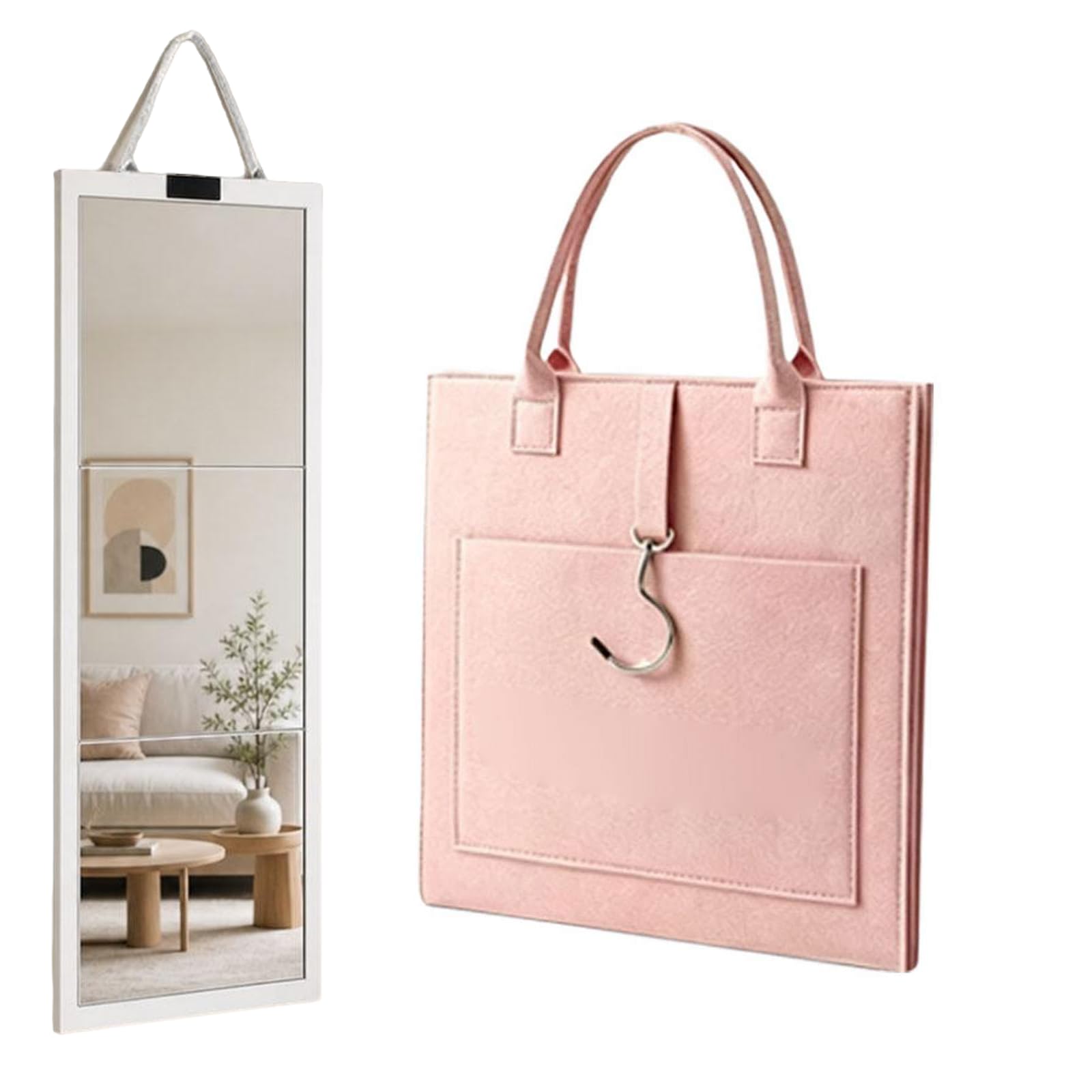 Foldable Full Length Mirror, Hanging Wall Folding with Handle (Pink)
