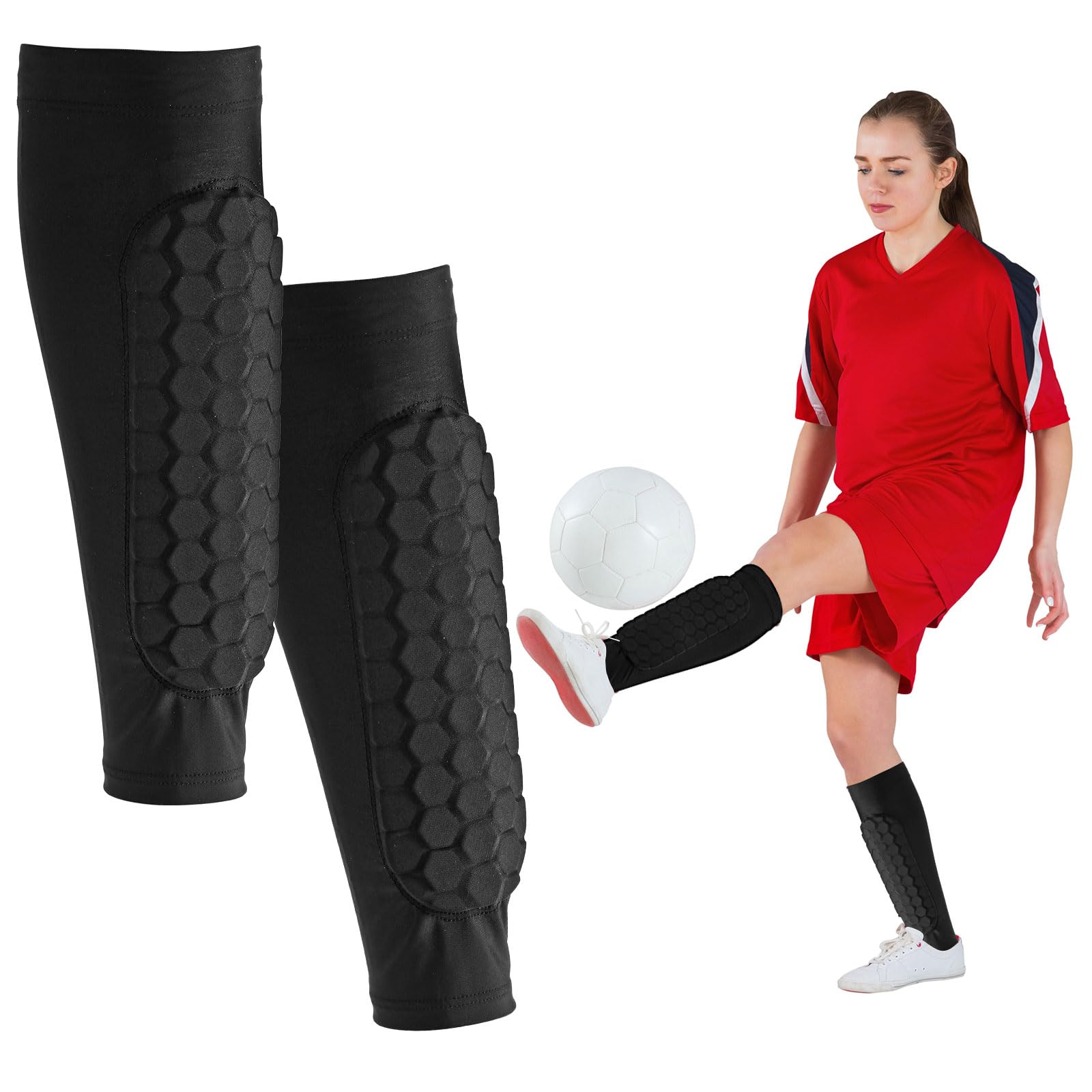 Soccer Shin Guard Sleeves, Sweat Absorption Breathable Football Shin Defender Socks Calf Compression Sleeve with Anti-Collision Honeycomb Pads for
