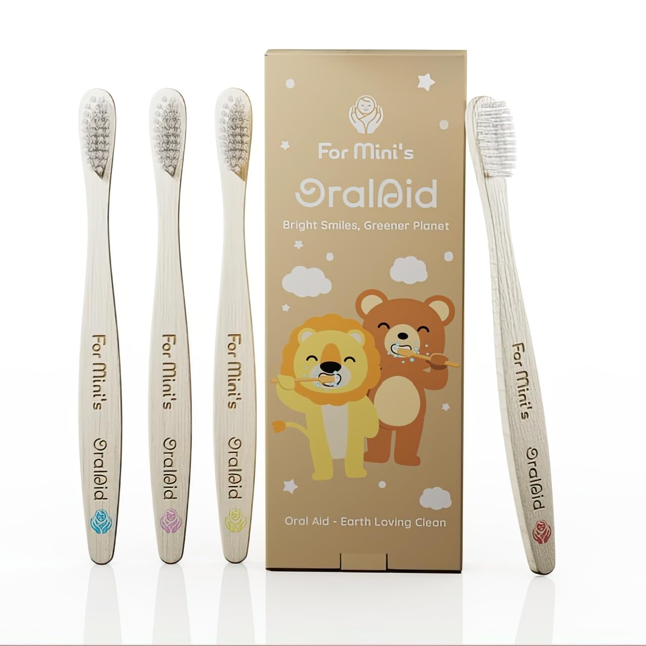 FOR MINI'S Oral Aid - Spazzolini da denti in bambù per bambini, manico in bambù, ecologici, setole morbide, confezione biodegradabile, confezione da 4