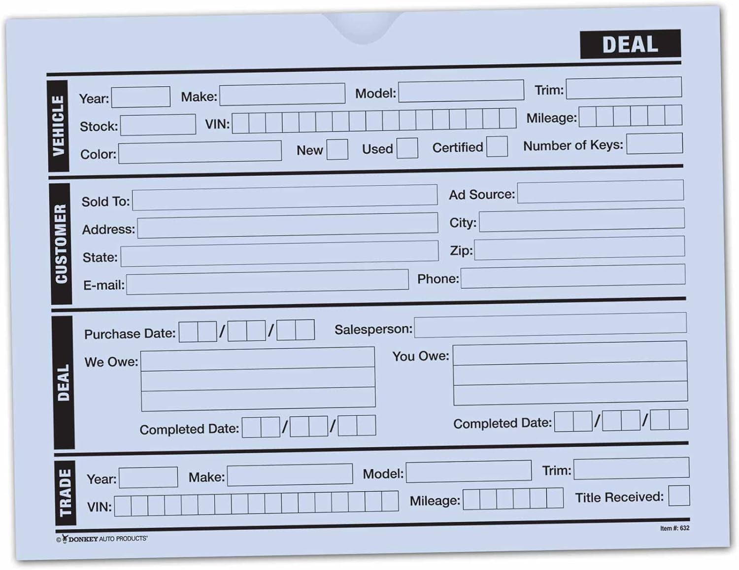 Vehicle Deal Jackets Printed - Dealer Choice - File Folders (100 per Pack) (Blue) (Deal Jacket Envelopes)