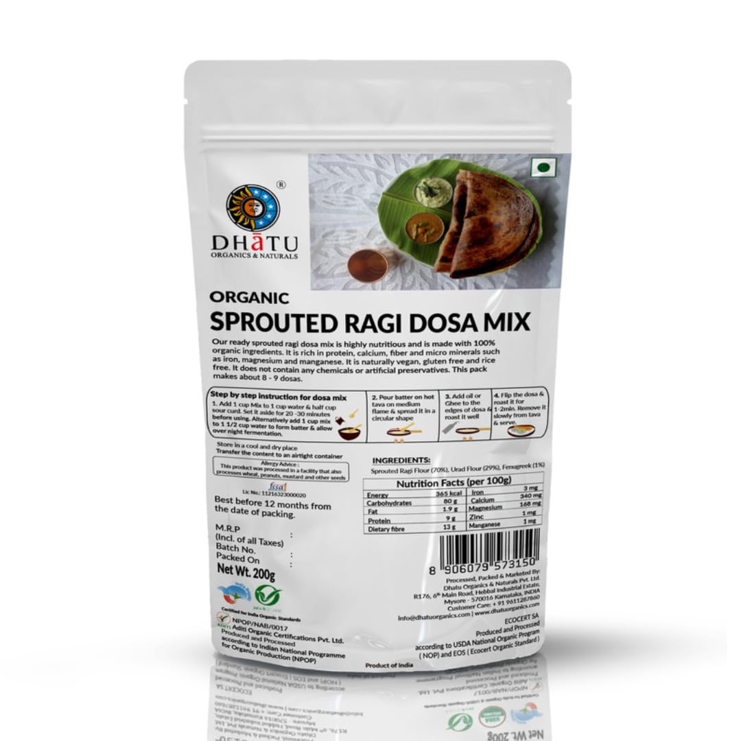 Dhatu Organic Sprouted Ragi Dosa Mix 200g Gluten-Free Enhanced Nutrition, Breakfast Meal Ragi Dosa Mix, Organic Food Easy & Instant Mix