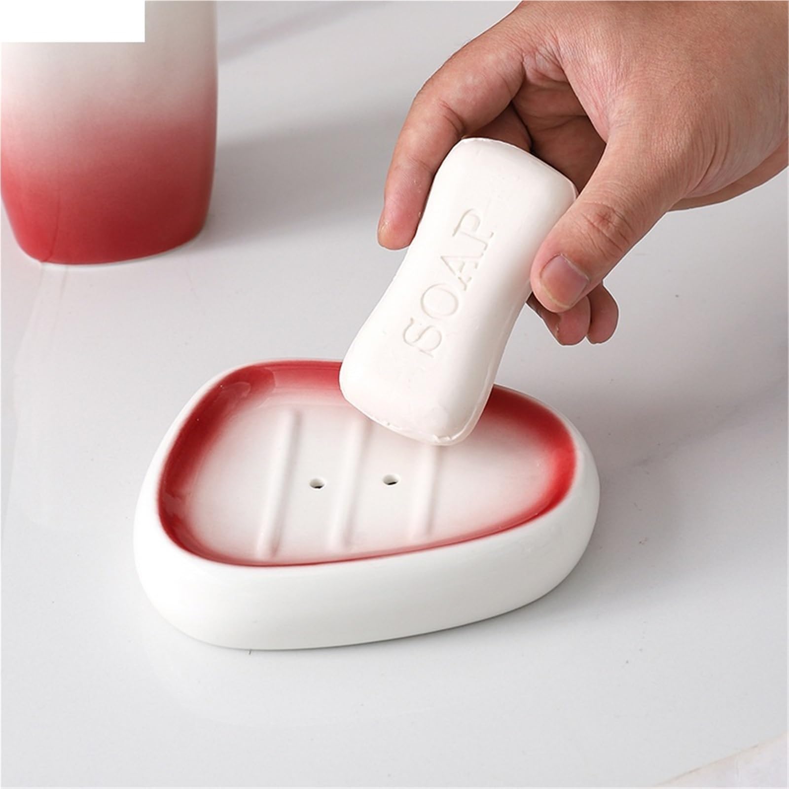 Badezimmer-Seifenspender-Set, Farbverlauf, rot, Keramik, Seifenspender-Set, Hotel, Seifenschale, Mundspülbecher, Set, Zuhause, Badezimmer, Zubehör, Hochzeitsgeschenke für moderne Badezimmer (5