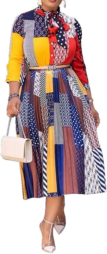 Bow Collar Patchwork A-Line Color Block Women's Long Sleeve Dress Midi Dress