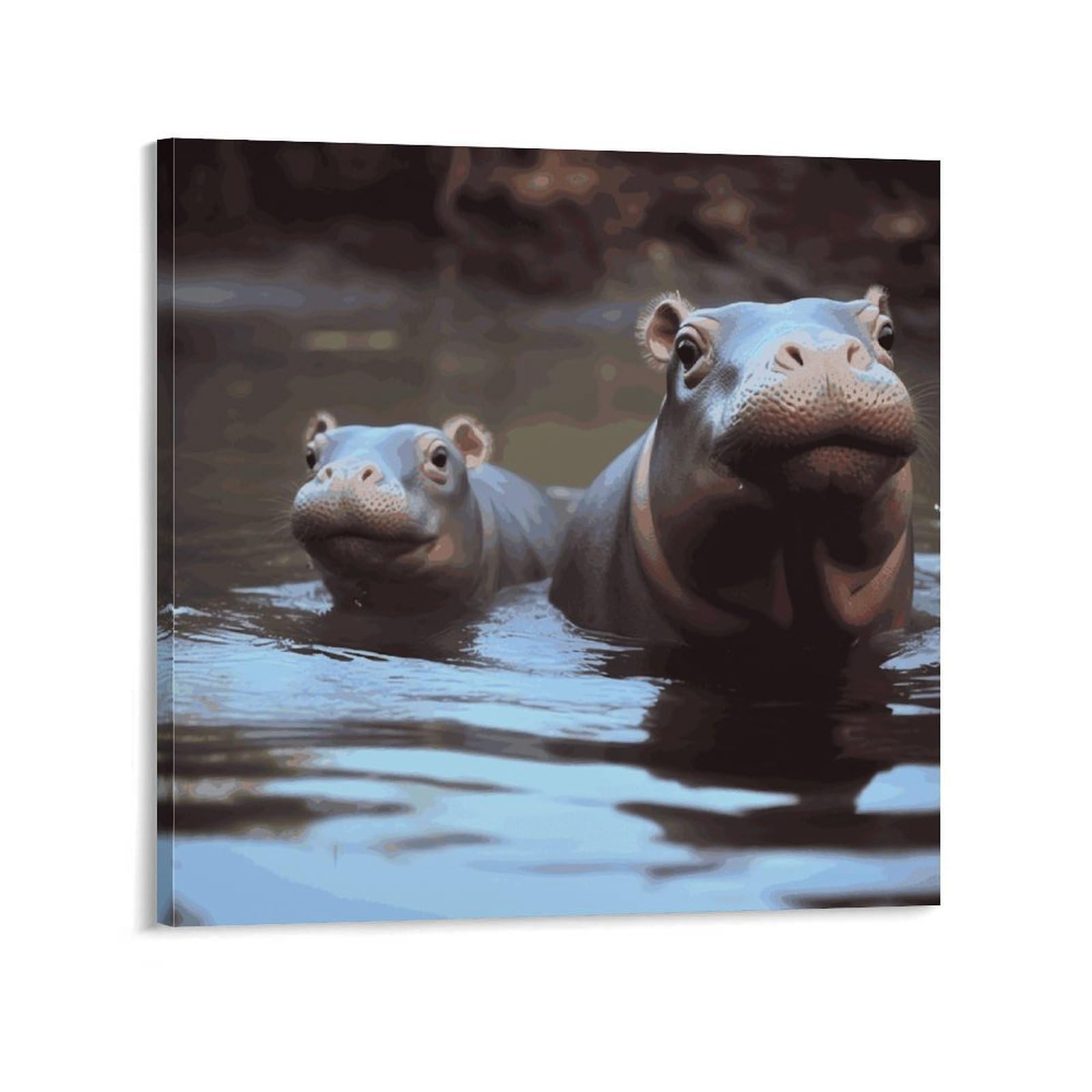 KLOPH Baby Hippos Canvas Wall Art for Living Room 12x12inch Modern Artwork Painting for Bathroom Hanging Canvas Prints Aesthetic Wallart for Bedroom Kitchen Office Wall Decor