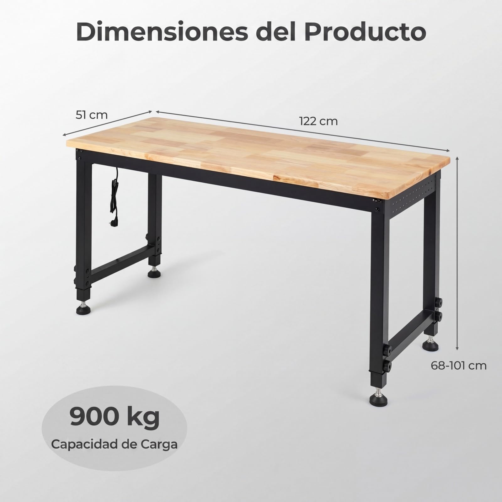COSTWAY Banco de Trabajo con Estación de Carga, 122 x 51cm, Mesa Trabajo Taller con Altura Ajustable en 6 Niveles, Encimera de Madera Caucho, Marco Metálico, Estación Bricolaje, Carga 900 kg