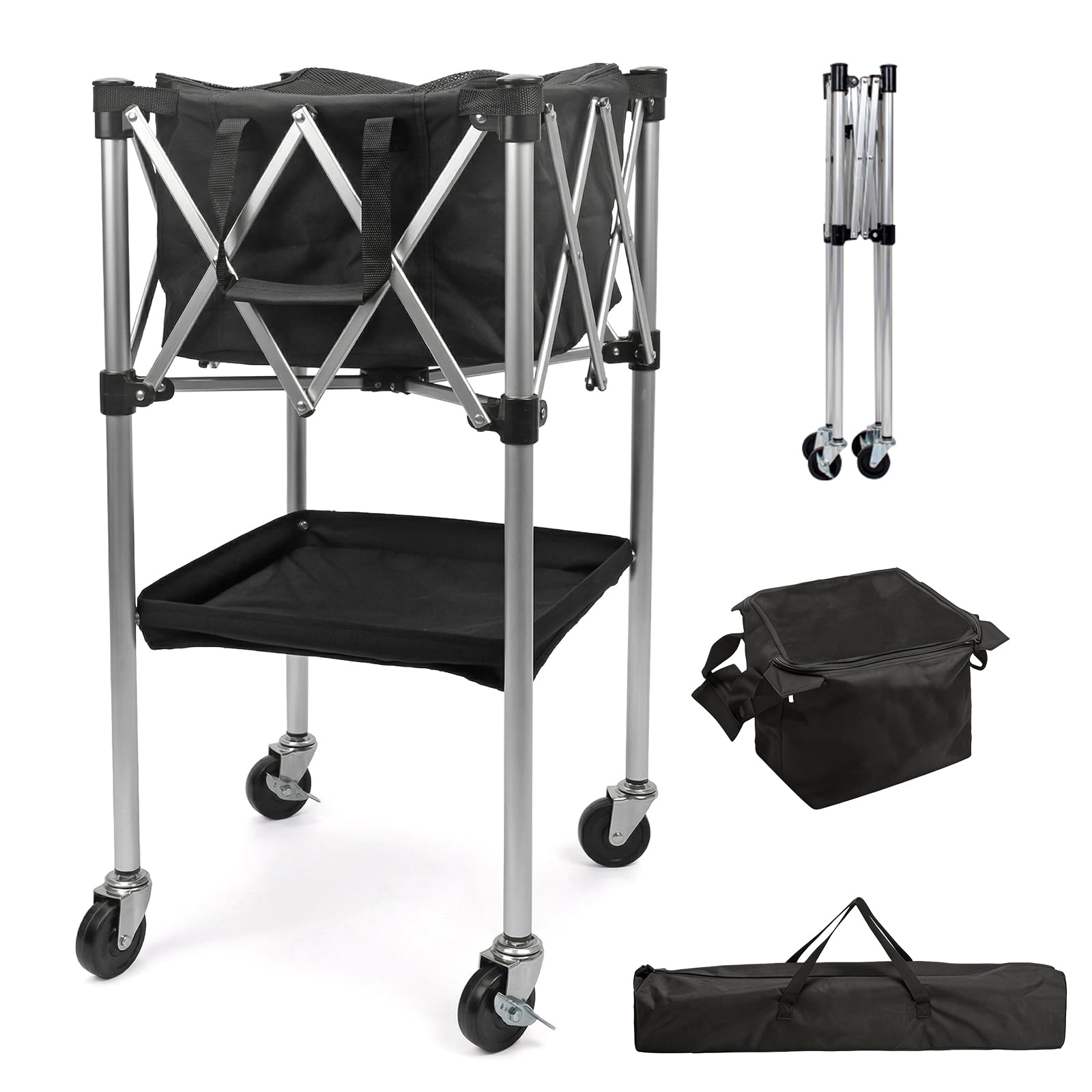Tasofac Foldable Tennis Ball Hopper with 200 Balls Capacity, Removable Tennis Ball Basket with Storage Bag, 4 Wheels (2 Lockable), 2-Tier Storage Tennis Training Equipment for Tennis Practice