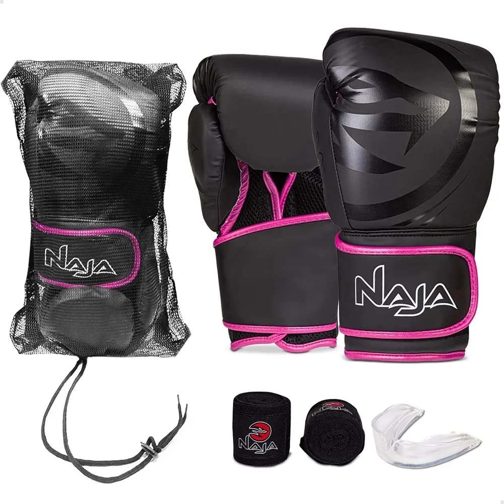 Luva de Boxe e Muay Thai Naja Black Line + Bandagem + Protetor Bucal + Bolsa (10oz, Rosa)
