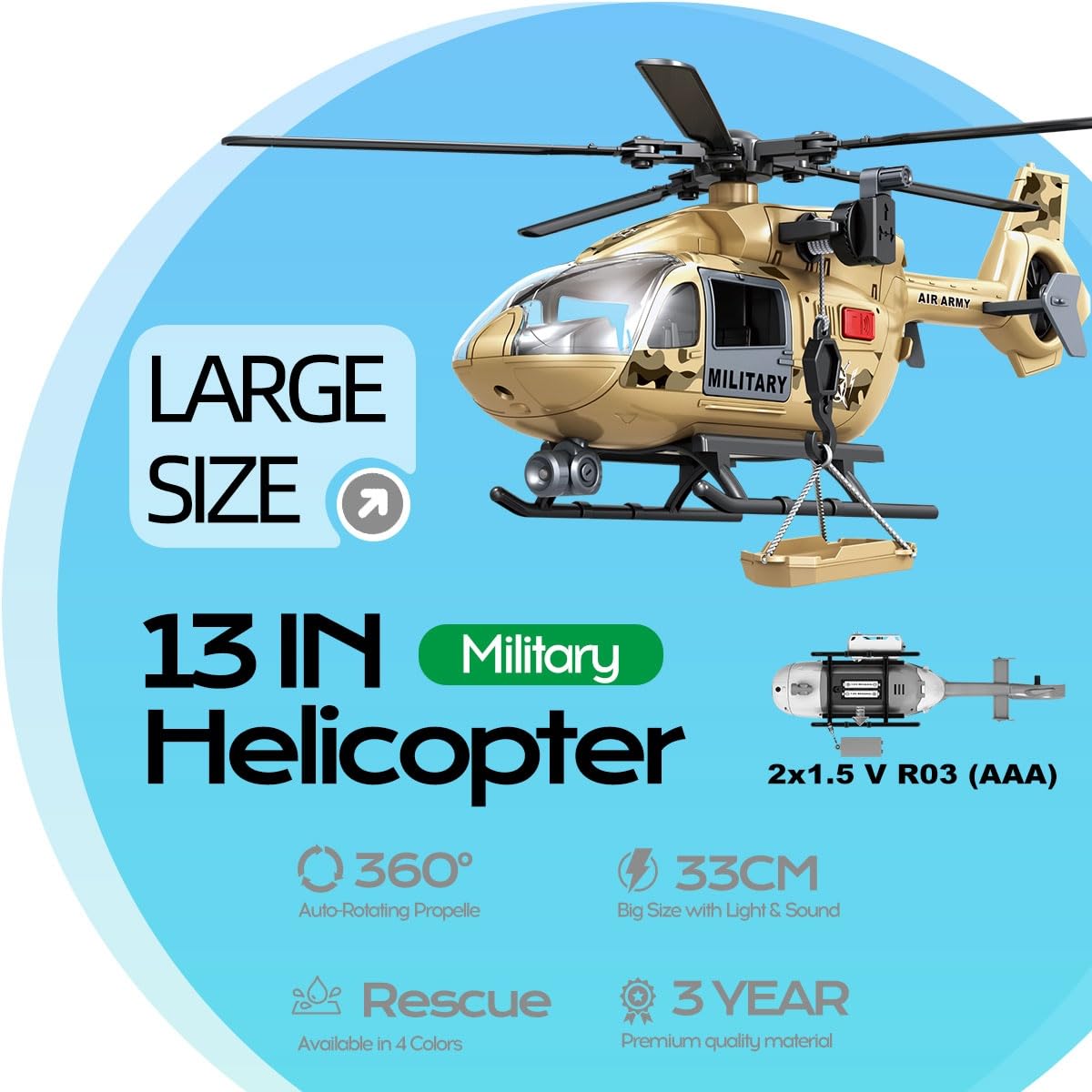 Rescue Helicopter Toy with Lights and Sounds,Emergency Crane Toy with Hanging Tray, Kids Toys for 3 4 5 6 7 Years Old Boys (Military Helicopter)