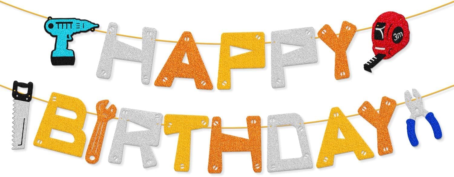 Confetti! Tools Birthday Banner – Drill, Tape Measure, Handsaw, Plier, Wrench, Toolbox, Hammer, Mechanic, Screwdrivers Themed Happy Birthday Party Decorations – Perfect for Kids & Friends' Parties