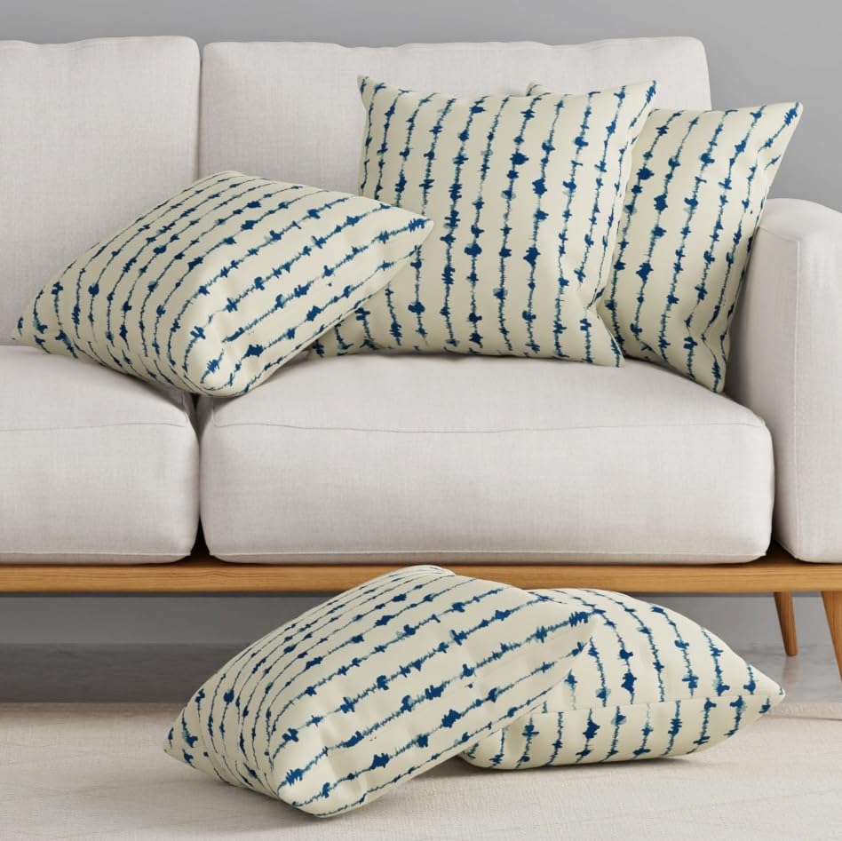 Image of HUESLAND Premium Cotton Cushion Cover 12 x 12 inch Set of 5 | Decorative Throw Pillow Covers for Sofa, Living Room & Bedroom | Blue Vertical Stripes
