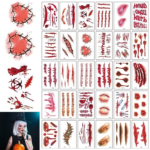 30 Hojas Halloween Cicatrices Heridas Tatuajes, Realista Horror Heridas Tatuajes de Maquillaje, Pegatinas de Tatuaje Temporal a Prueba de Agua, Zombie Cicatrices Tatuajes