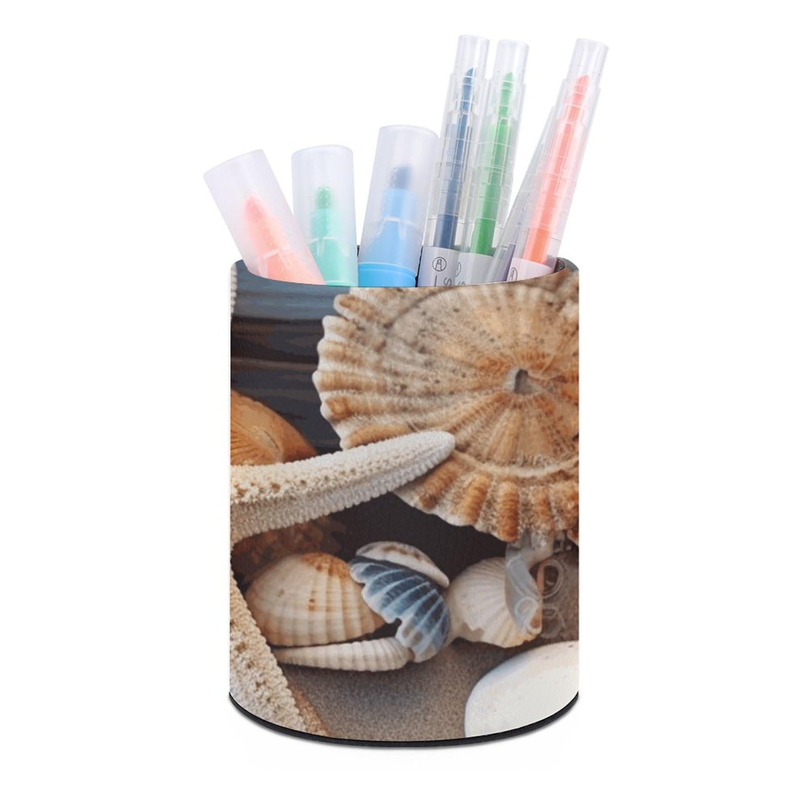 FekiLoot PU Leather Round Pen Holder Seashells Starfish Sand Pencil Holder Desk Organizer Pen Organizer Pen Cup Pencil Cup Caddy Desktop Stationery Organizers for Office Home Supplies