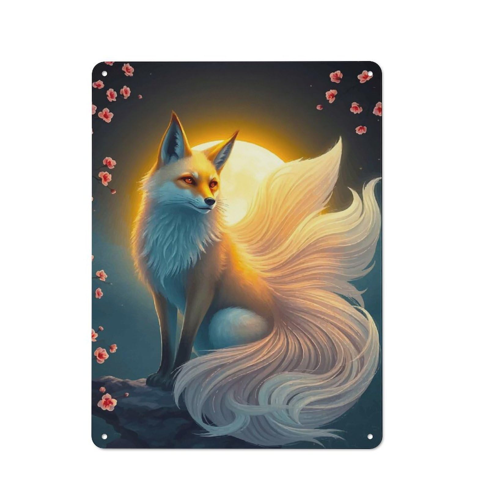 Junmoney Style-20 Smart Office Metal Sign 40X30cm Featuring Kitsune Under Moonlight, Study Room Decor For Workspace, Cafe, Shop Or Desk Area