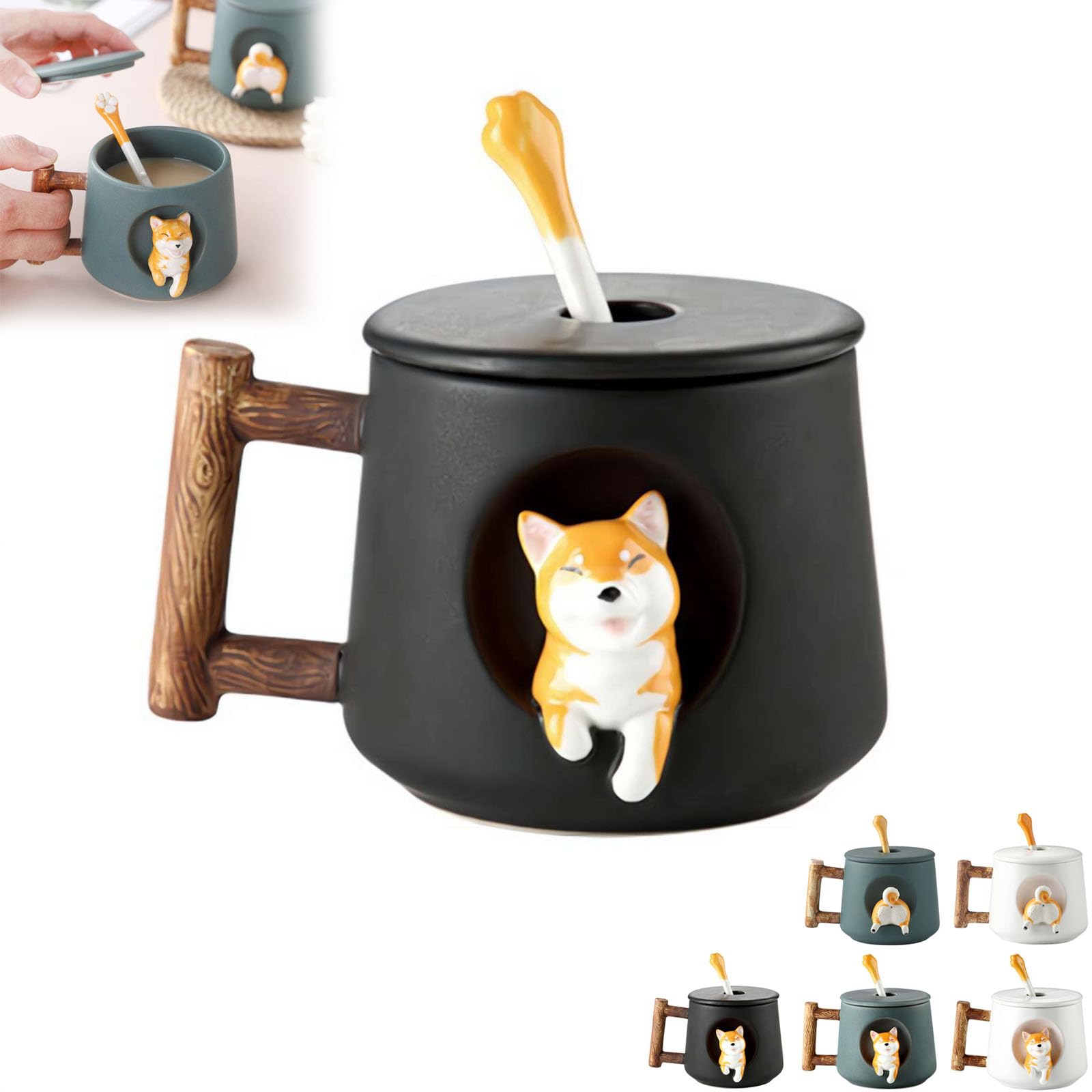 Śliczny kubek Corgi-420 ml 3D nowość ceramiczny kubek do kawy z pokrywką i łyżeczką-idealny prezent dla miłośników psów(Black,Head)