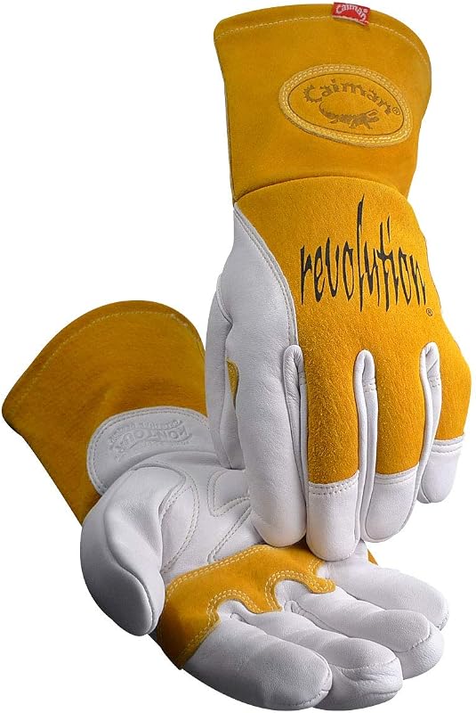 Caiman Premium Cow Grain MIG/Stick Welding Gloves, Two-Layer Back Insulation, Unlined, Large Pulse Protector, Kevlar, Kontour, White/Gold, Medium (1810-4)