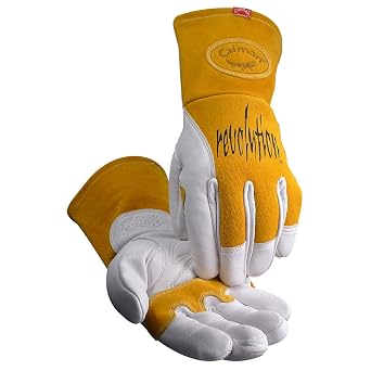 Caiman Premium Cow Grain MIG/Stick Welding Gloves, Two-Layer Back Insulation, Unlined, Large Pulse Protector, Kevlar, Kontour, White/Gold, Medium 1810-4