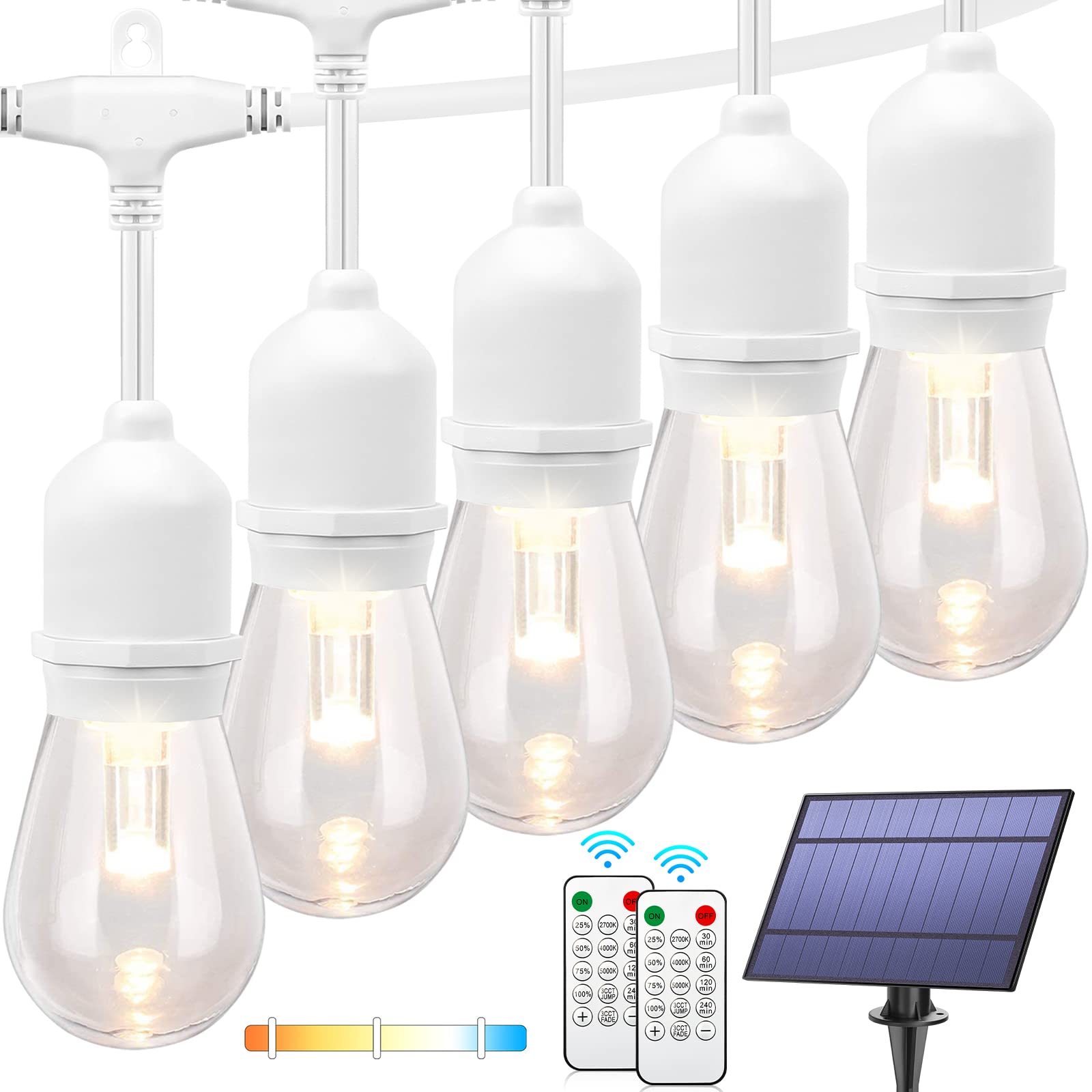 Mlambert 3-Color in 1 Dimmable Solar String Lights Outdoor, 48ft LED Patio String Lights with Remotes,15 Bulb Sockets, Waterproof Shatterproof Hanging Edison Lights for Bistro, Party - White Cord