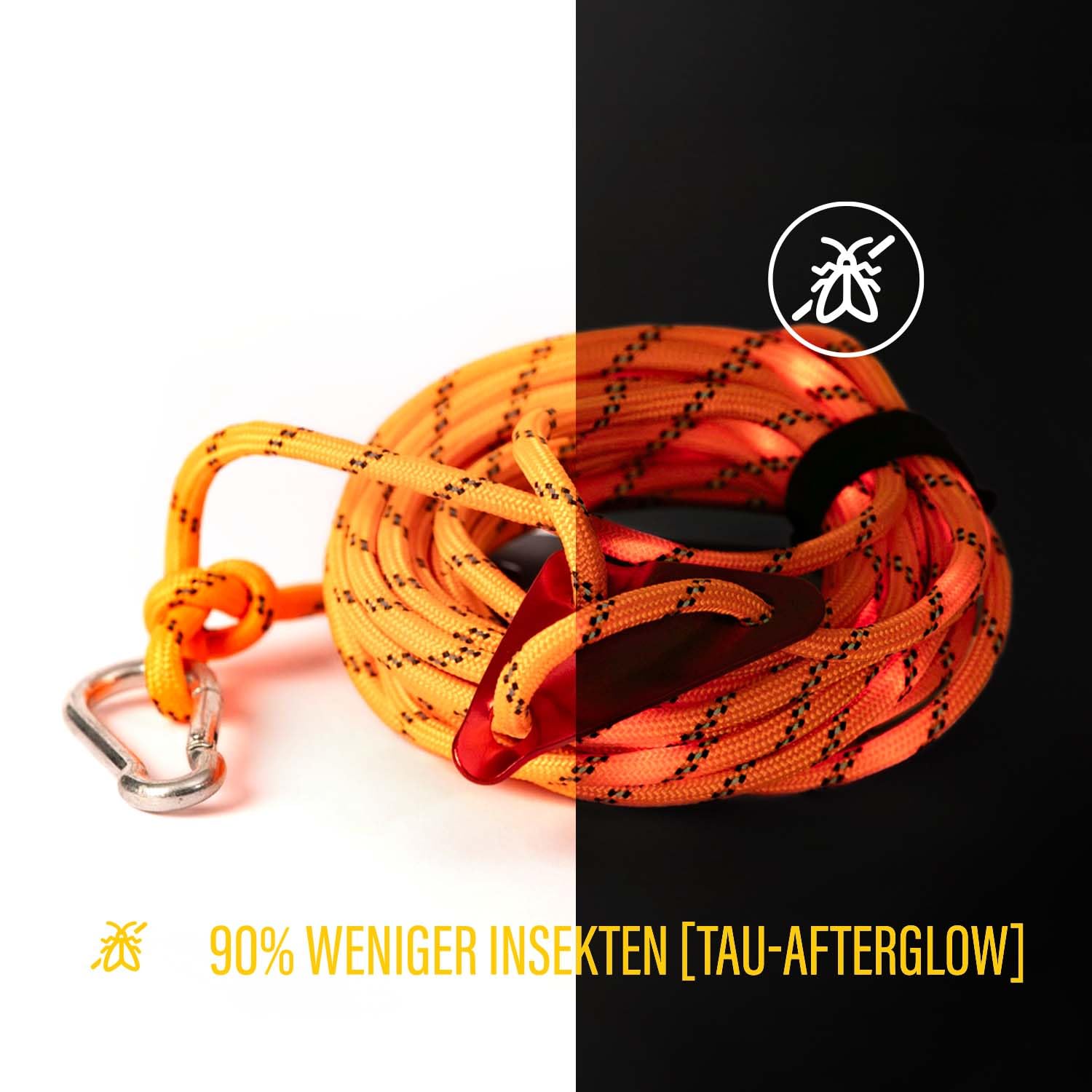 Sunnyside® - LEUCHTTAU AFTERGLOW – 2x 3,5m LED Abspannseil orange-rot + 2,5m Verlängerung, bis 150kg, 90% weniger Insekten, USB-C, dimmbar – Markise Camping Wohnmobil