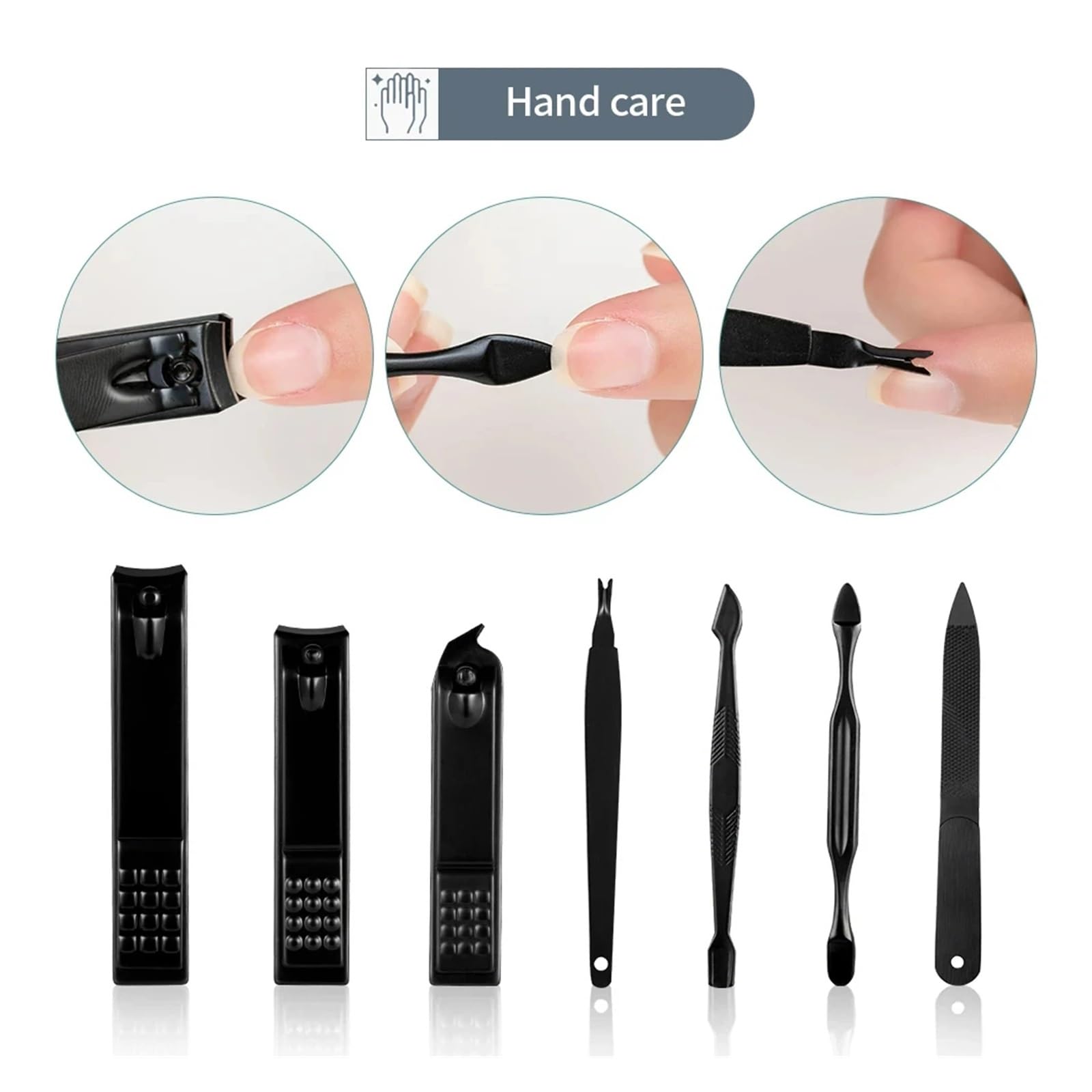 Kit de manicura y pedicura acero inoxidable, tijeras cortaúñas, herramienta aseo con Estuche De Viaje, color negro, 7/10/16/18 Uds(16 PCS SET)