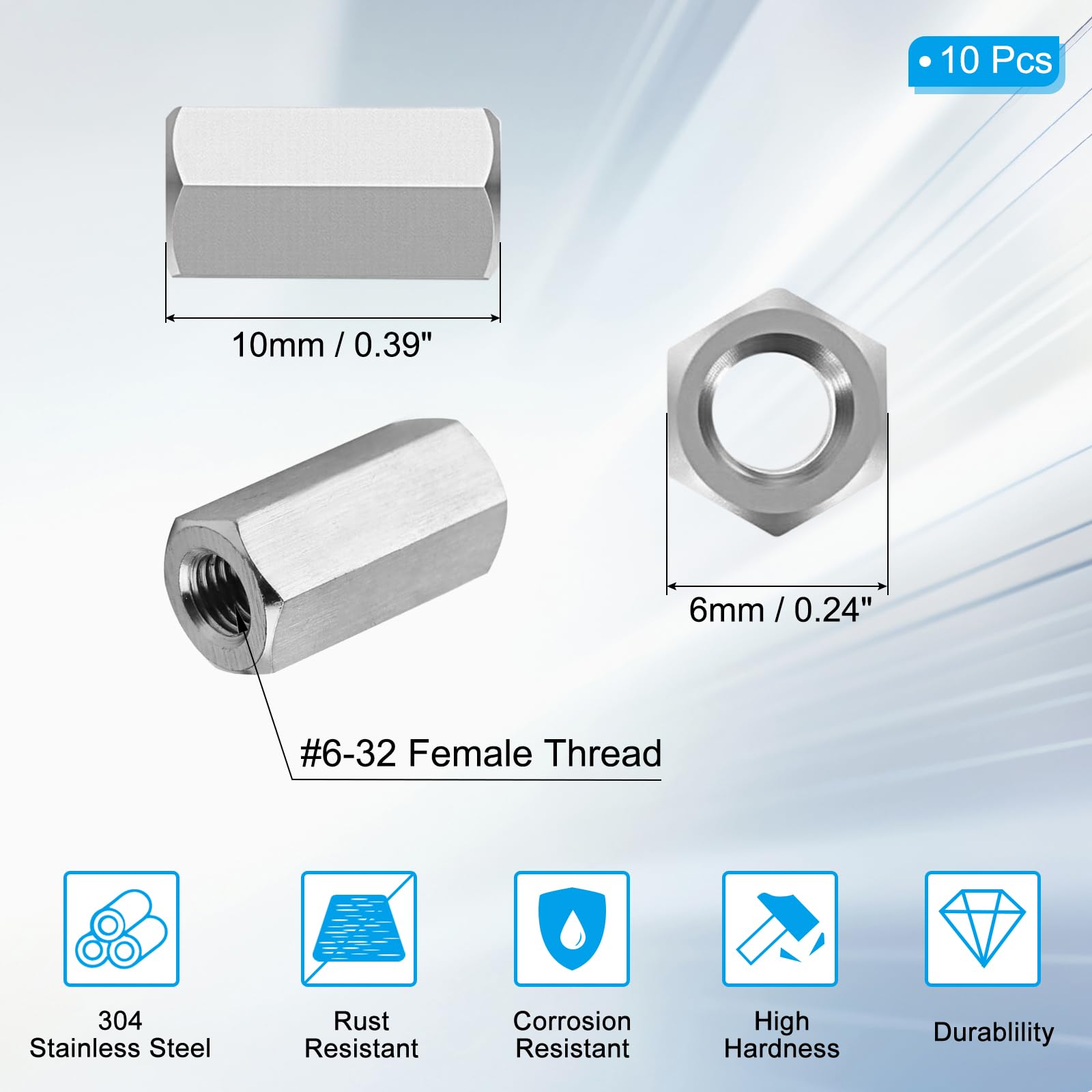 PATIKIL 6#-32 UNC 304 Stainless Steel Hex Coupling Nuts - Image 2