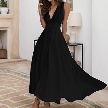 Robe Longue Femme Ete Robe De Plage Manches Courtes Robe D 'été Casual Col En V Taille Haute