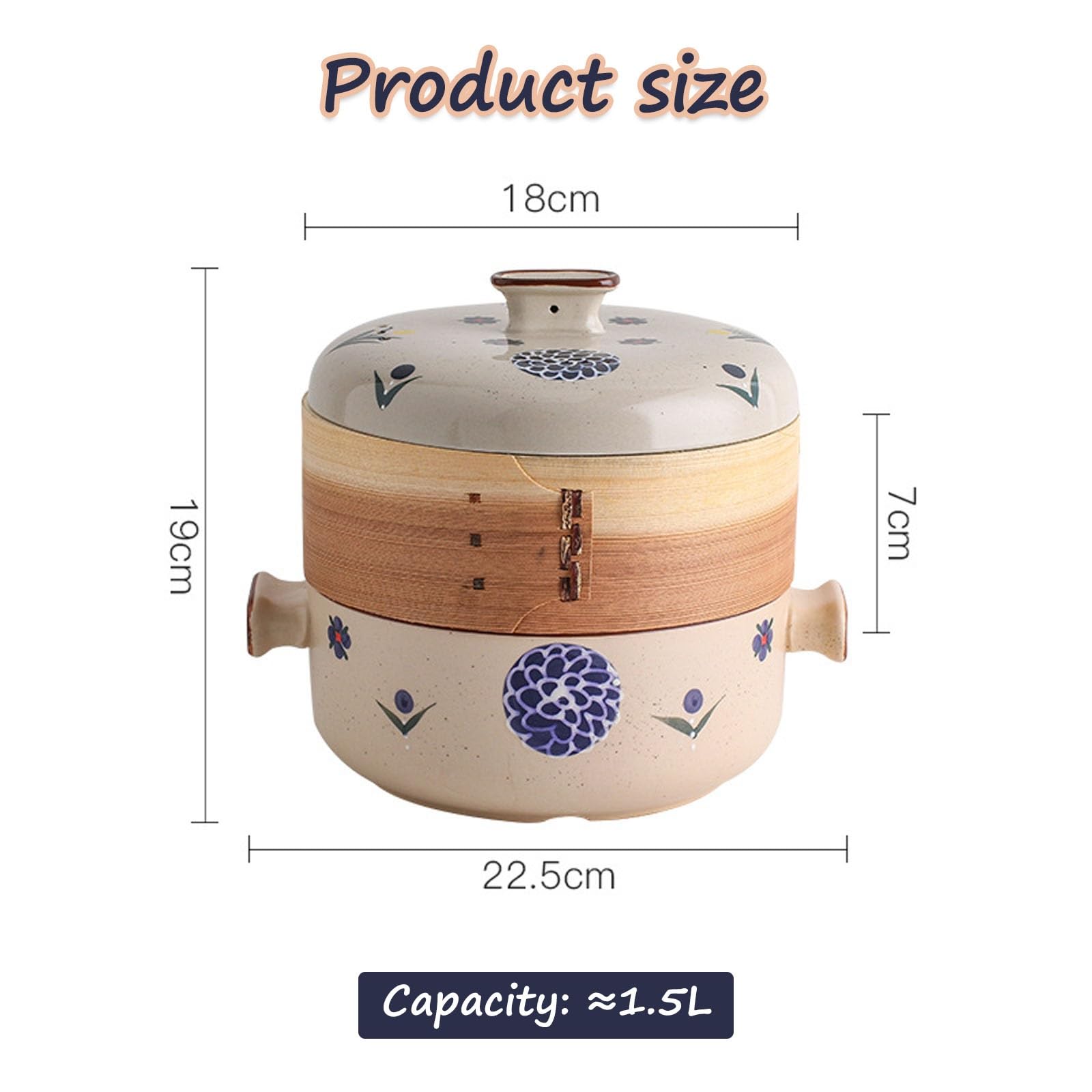 Japoński garnek do zapiekania z bambusowym koszykiem do gotowania na parze, okrągły kamionkowy garnek z pokrywką, ceramiczny dwupoziomowy garnek do zupy(1.5L)