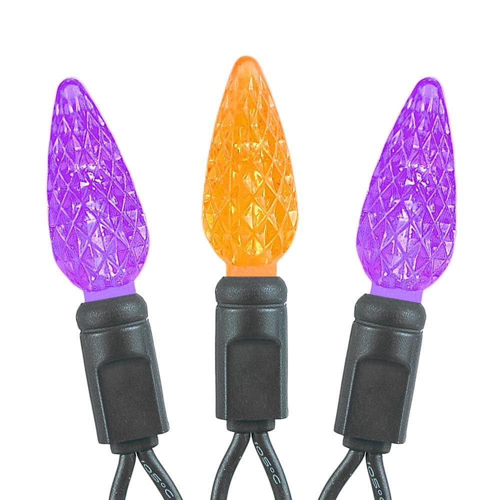 Novelty Lights 70 Lichter C6 True Twinkle LED Weihnachten Mini-Licht-Set, kommerzielle Qualität, Outdoor-Lichterkette, lila/orange, grüner Draht, 7,6 m