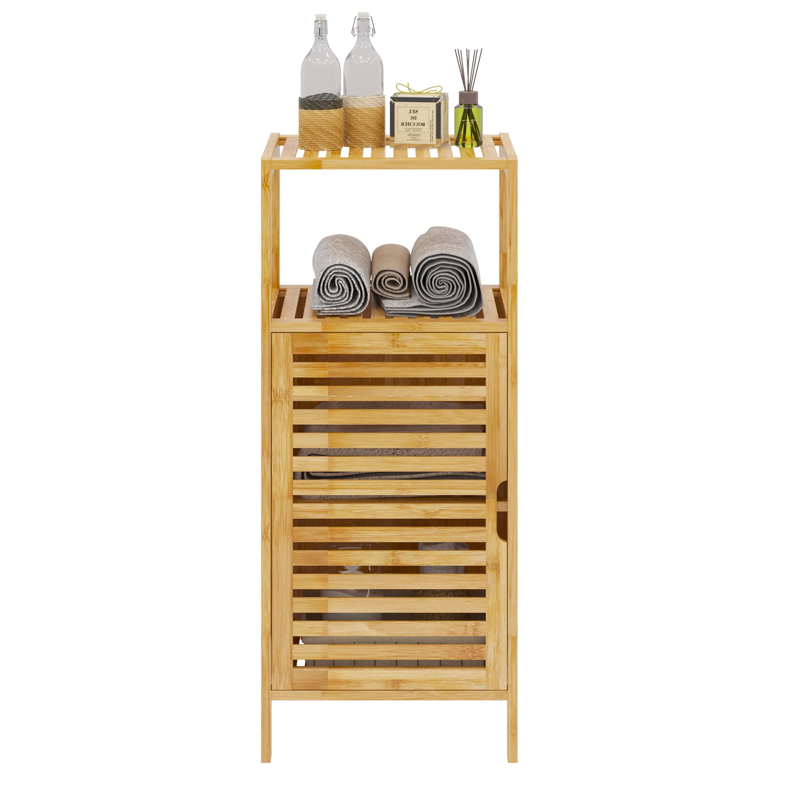 Sogesfurniture Mueble de Baño Bambú, Armario Con Estante y 1 Puerta, Mueble Auxiliar para Salón Entrada, 36x32.5x85cm