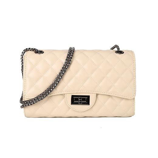 Quilted Crossbody Bags for Women Leather Ladies Shoulder Purses with Chain Strap Stylish Clutch Purse Beige