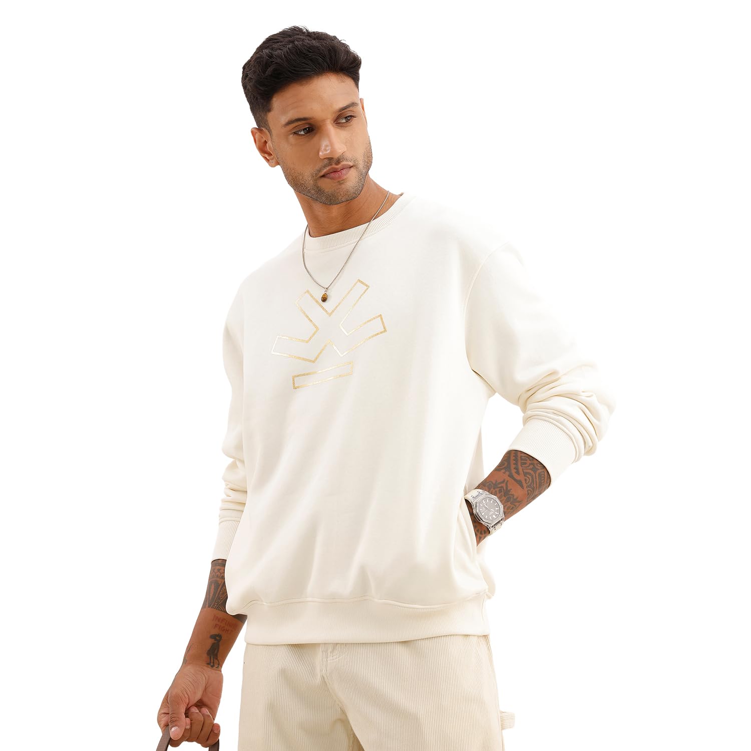 wrogn Men's Comfort Fit Foil Printed Sweatshirt | Off-White-picture-11