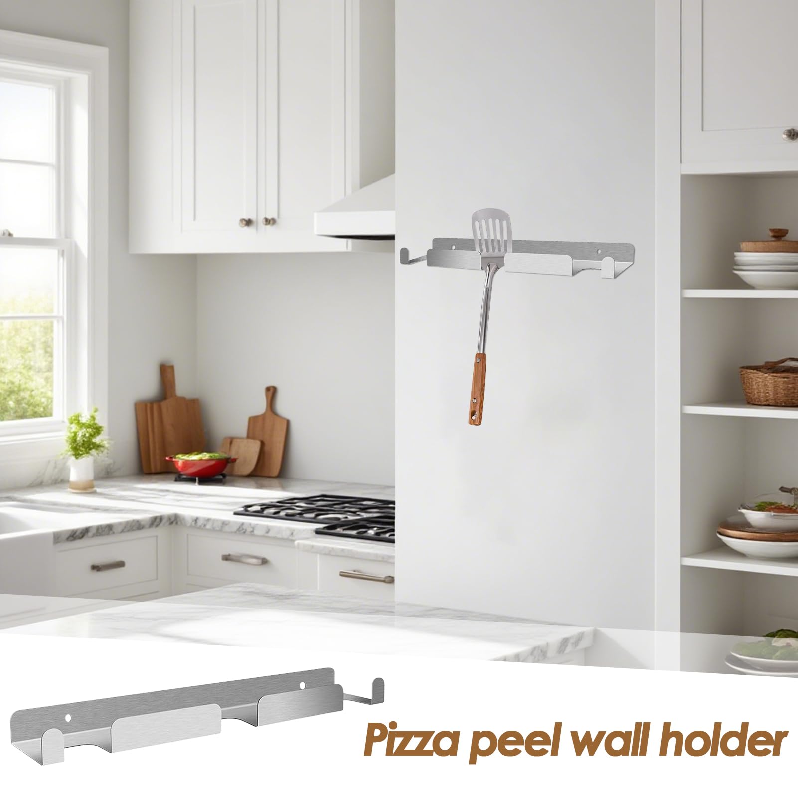 Porta pala per pizza, in acciaio , 41,5 x 8,3 x 3 cm, da parete, , organizer da cucina per spazzole, spatole, cucchiai, ristorante, negozio, casa, uso argento