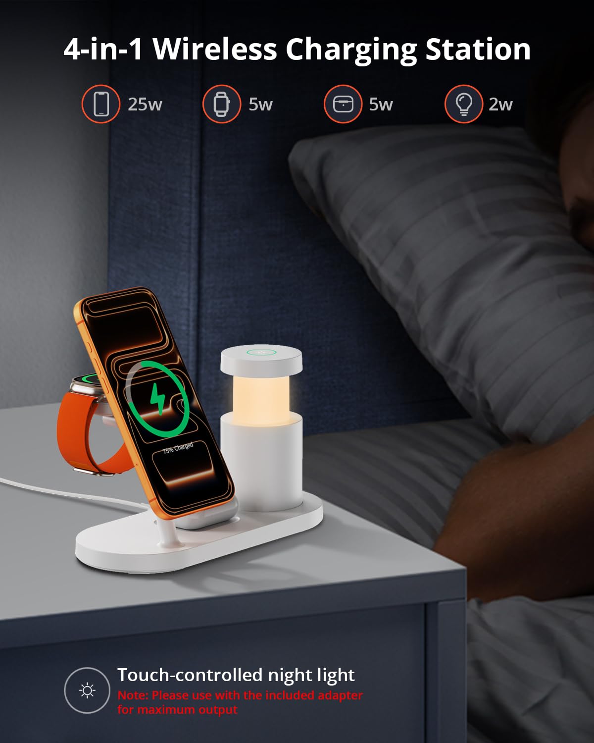GEEKERA 25W Fast 4-in-1 Ladestation: Mag-Safe kabelloses Ladegerät, induktive Schnellladegerät mit Nachtlicht für iPhone 17 16 15 14 13 12, Apple Watch 11-2, AirPods, inkl. Ladekabel & 45W Netzteil