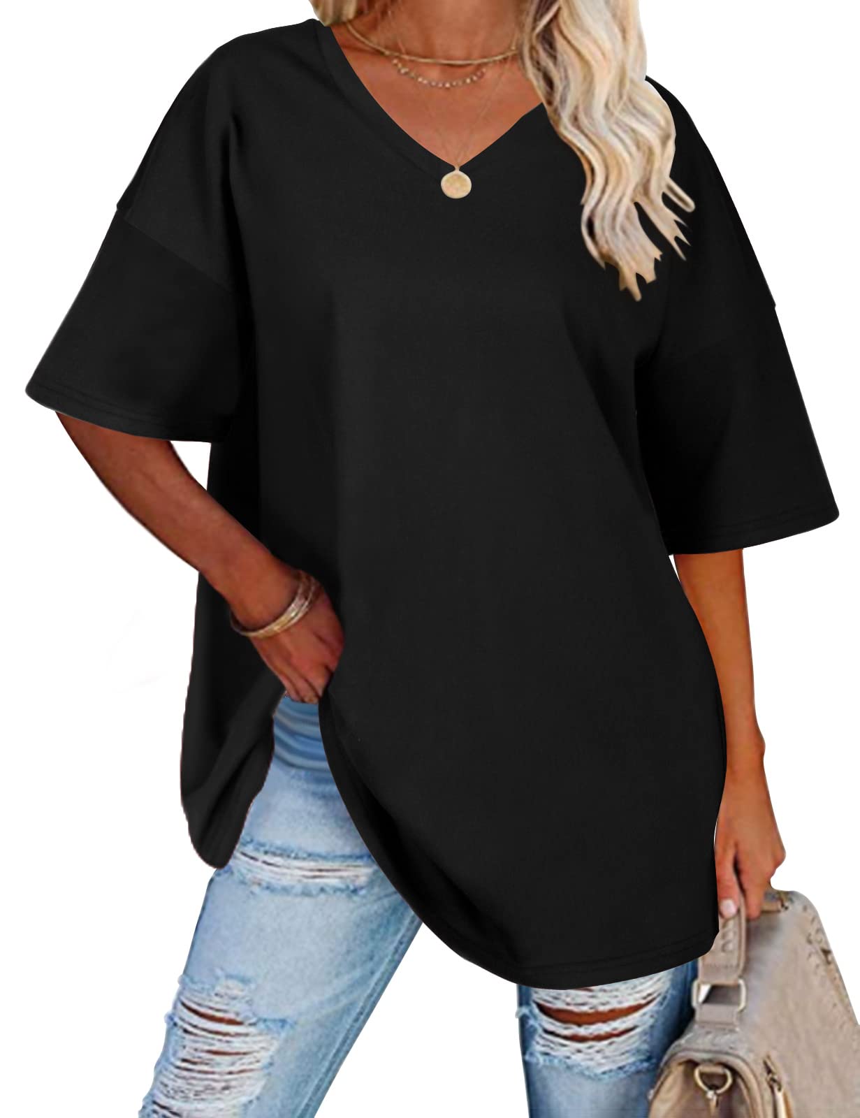 TOMEEK Camiseta Manga Corta Mujer Cuello en V Talla Grande T-Shirt Oversize Mujer Camiseta de Verano Algodón Básicas Essentials Camiseta