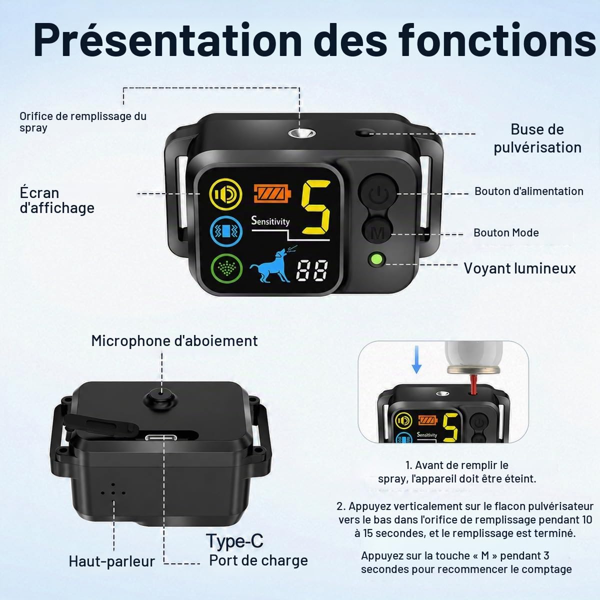 Collier Anti-aboiement à Spray à la citronnelle, Collier Automatique Anti-aboiement avec 5 sensibilité & Modes bip/Vibration/Spray, Automatique Collier d'éducation canin pour Petits et Grands Chiens
