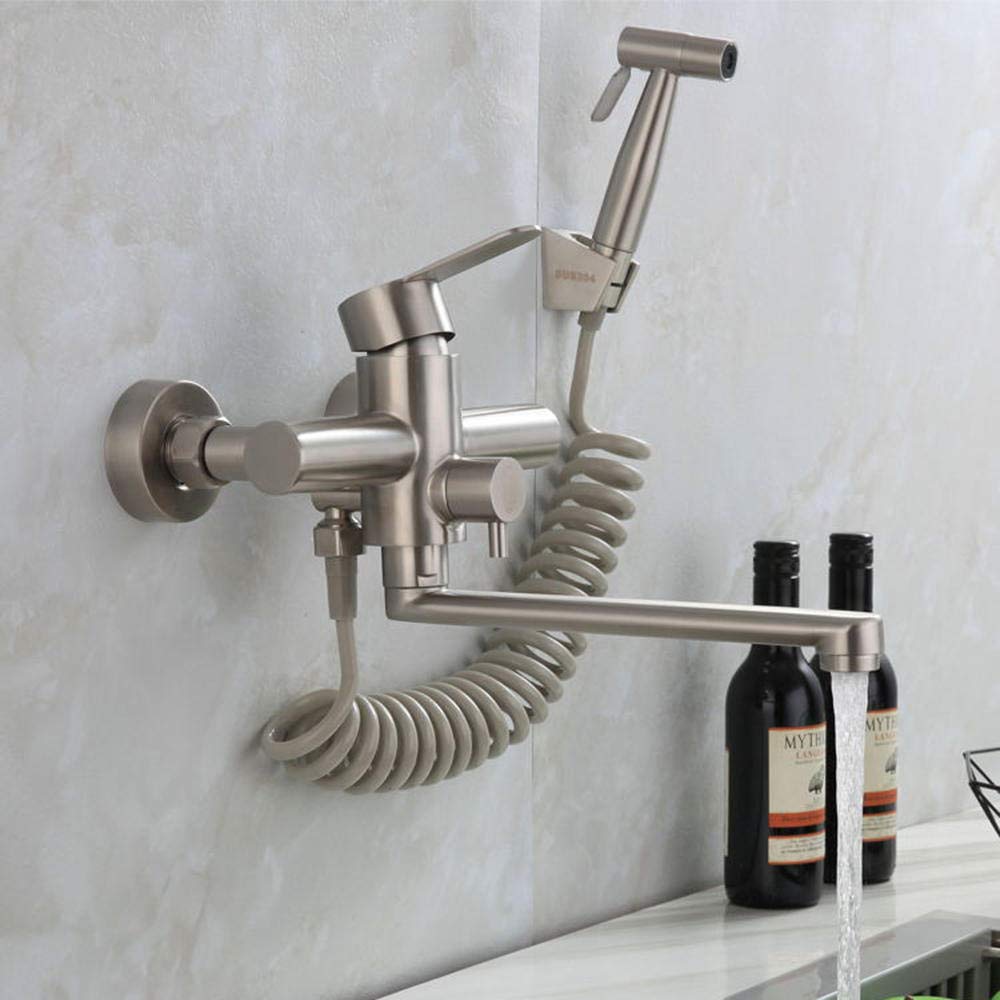 grifo de pared con ducha, con pistola, fregadero de cocina, grifo de acero inoxidable, agua caliente/fría, bandeja de lavandería, giratorio (cepillado)