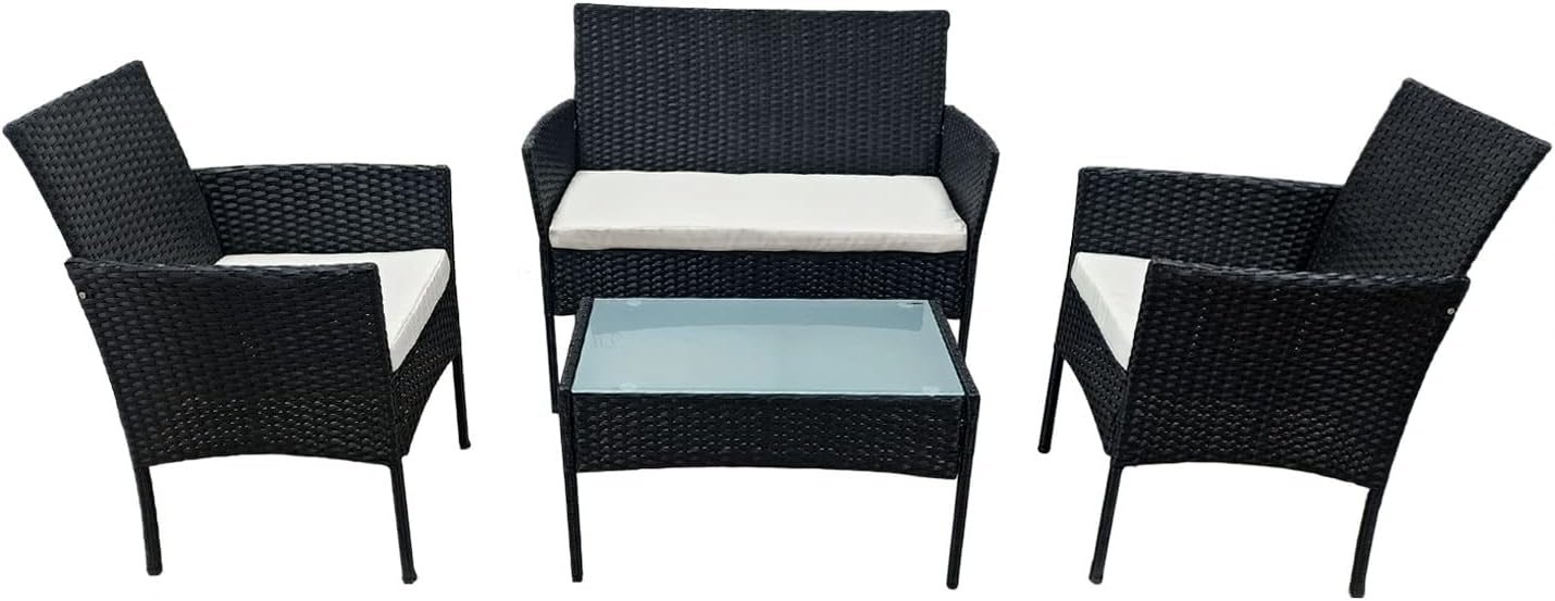 Happy Garden Corfou Garden Furniture Black Resin Wicker 4 Seats – Beige Cushion