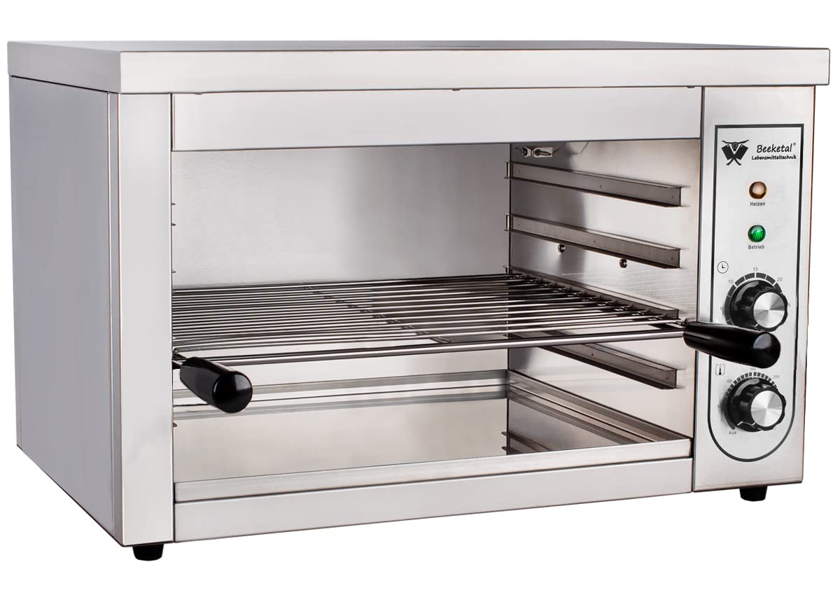 Beeketal 'BSP-2' Profi Gastro Salamander Grill Überbackgerät aus Edelstahl mit 1 Gitter (4 Höhen), 5-30 Minuten Timer, Thermostat 50-300 °C (direkt an der Heizspirale), extra Krümelschublade
